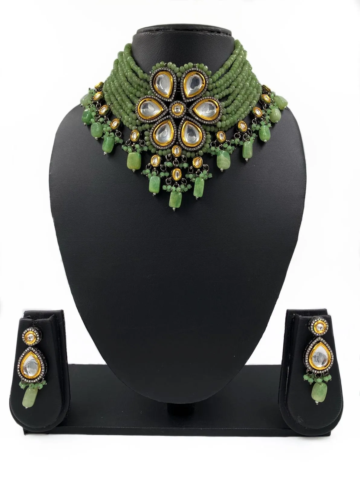 Designer Handcrafted Victorian Kundan Green Choker Necklace Set By Gehna Shop