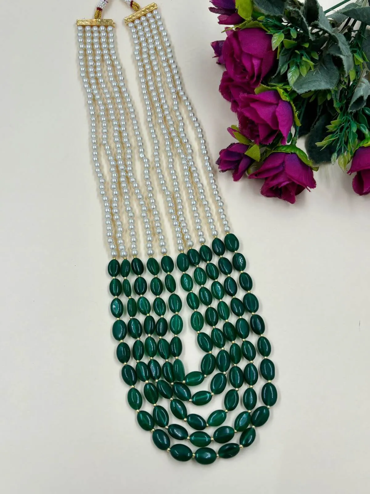 Designer Multi Layered Green Jade Beads And Pearl Sherwani Mala For Men By Gehna Shop