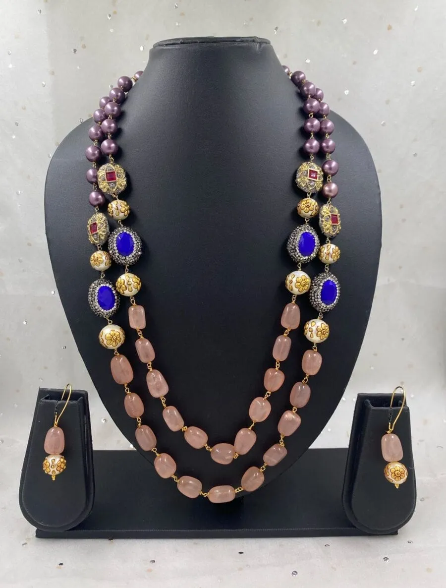 Designer Semi-Precious Rose Quartz Layered Beads Necklace By Gehna Shop