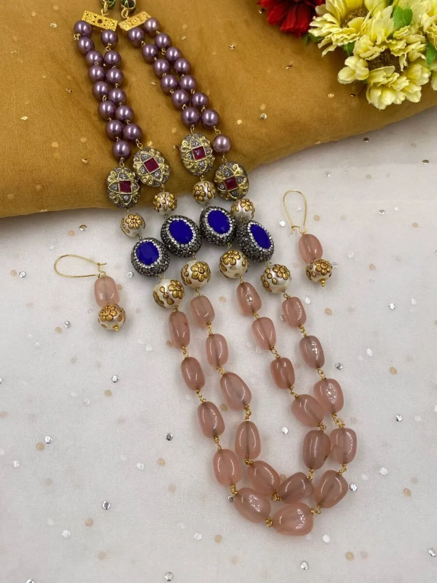 Designer Semi-Precious Rose Quartz Layered Beads Necklace By Gehna Shop