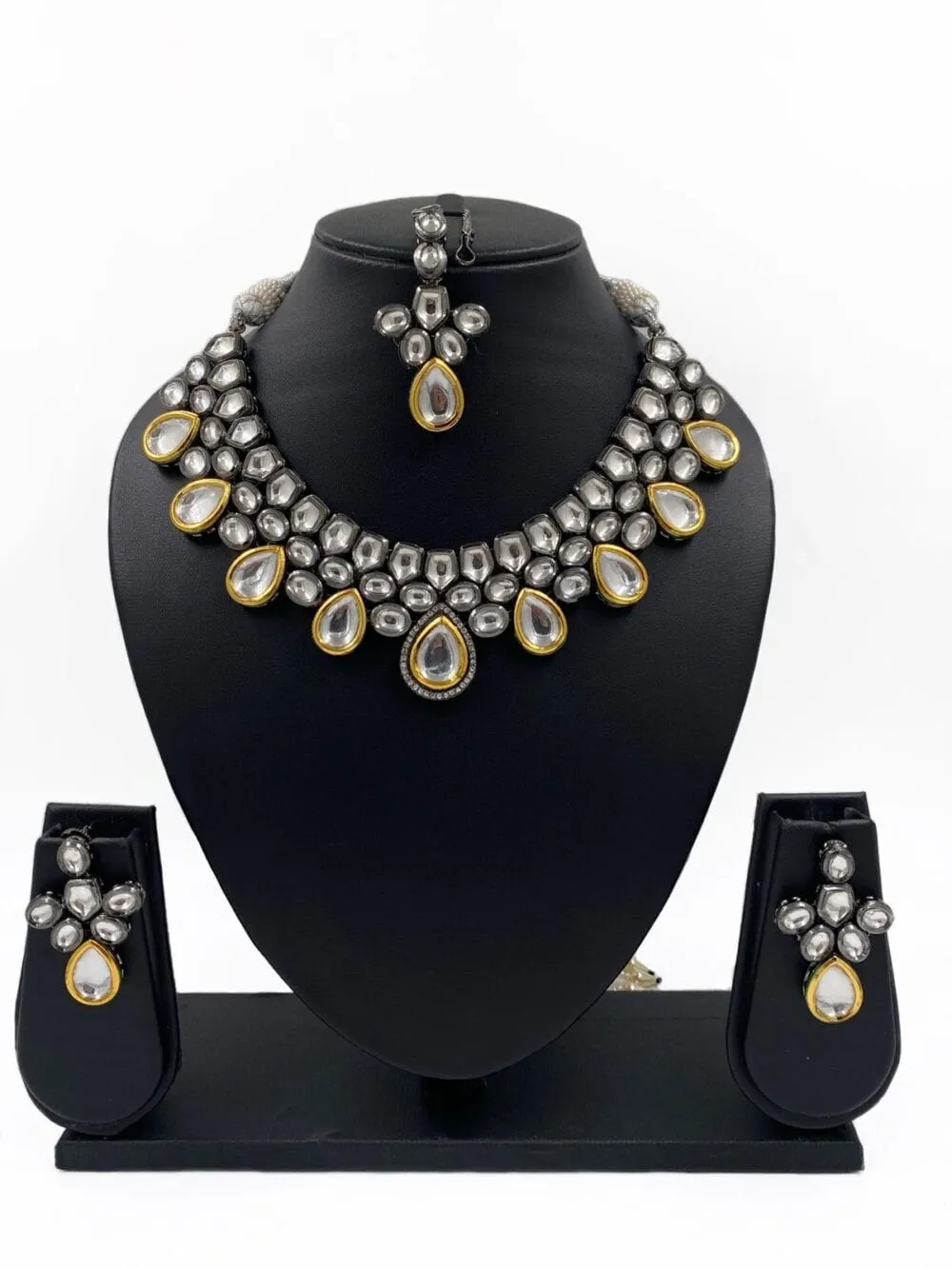 Designer Victorian Polki Oxidized Kundan Necklace Set With Maang Tikka For Women By Gehna Shop