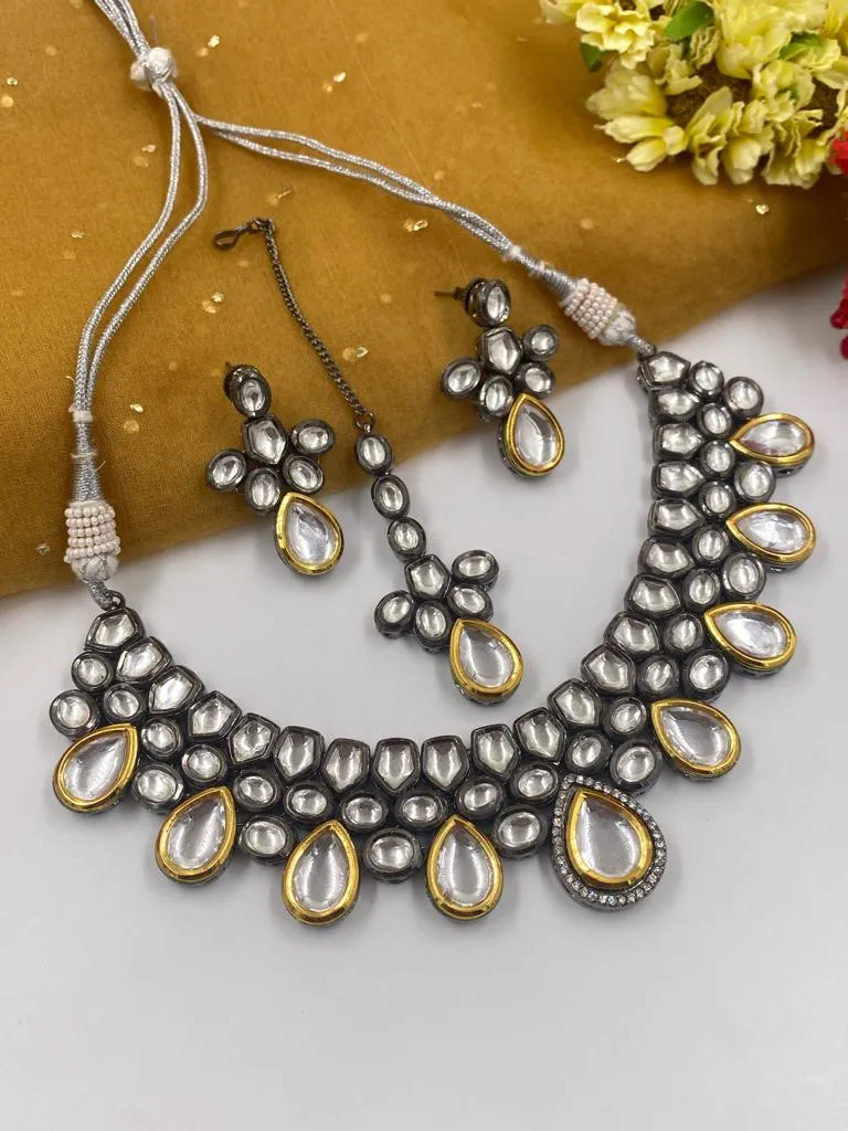 Designer Victorian Polki Oxidized Kundan Necklace Set With Maang Tikka For Women By Gehna Shop