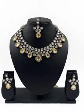 Designer Victorian Polki Oxidized Kundan Necklace Set With Maang Tikka For Women By Gehna Shop