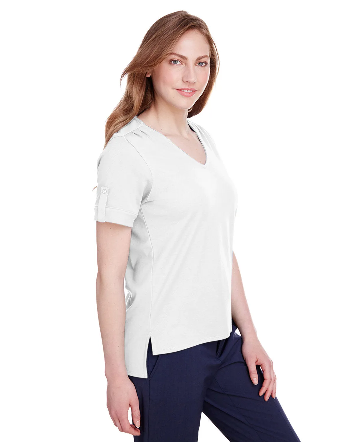 Devon & Jones Ladies' CrownLux Performance™ Plaited Rolled-Sleeve Top