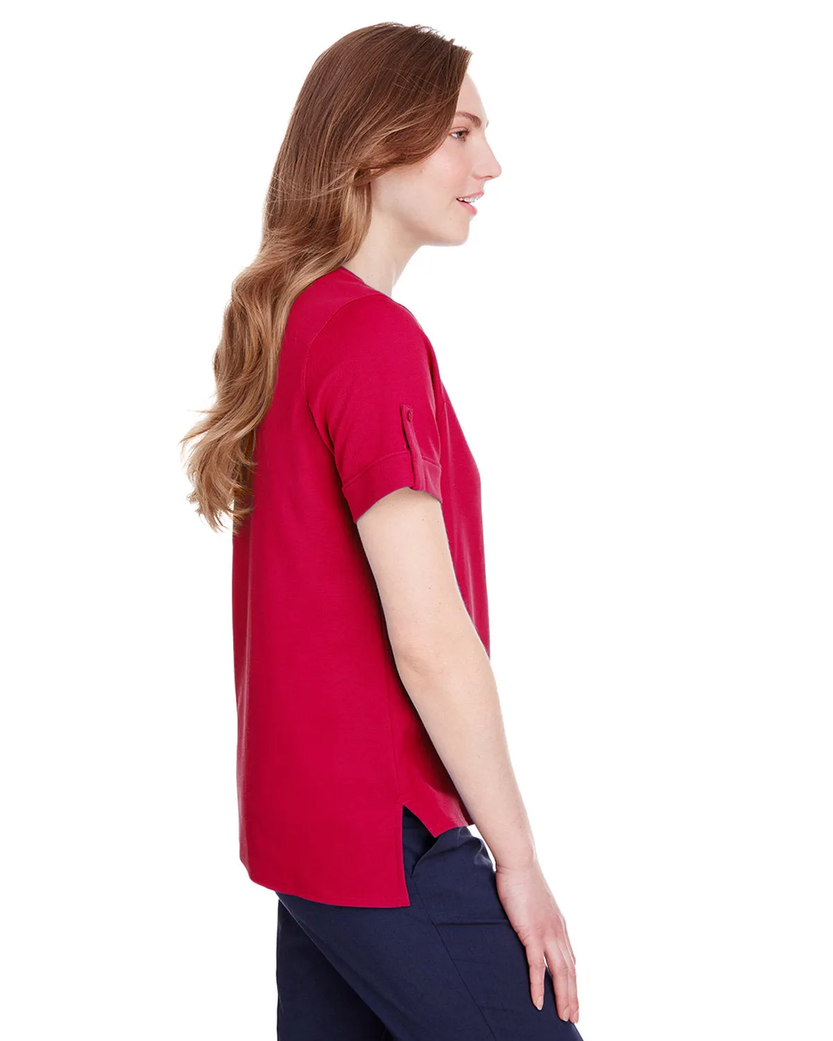 Devon & Jones Ladies' CrownLux Performance™ Plaited Rolled-Sleeve Top