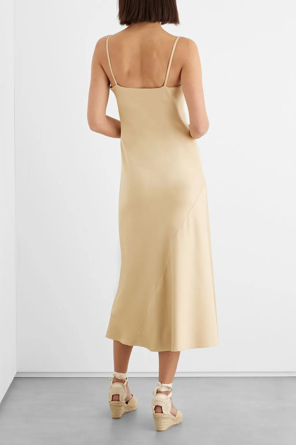 Emery midi slip dress in IRIS & INK satin crepe, sand