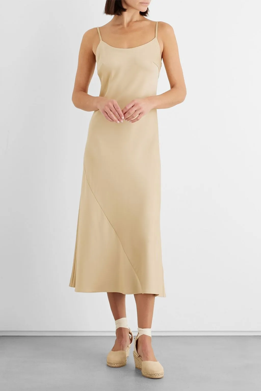 Emery midi slip dress in IRIS & INK satin crepe, sand