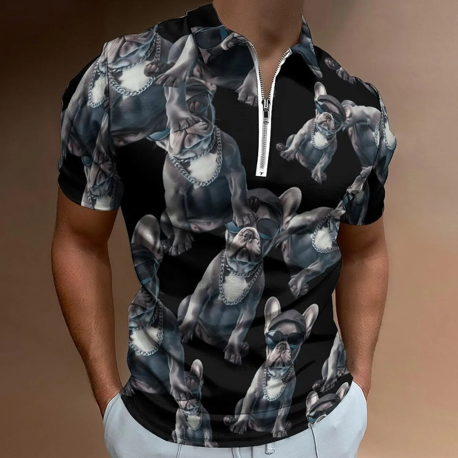 Fashion Dog Trendy Polo Shirts for Men Short Sleeve Lapel Collar Zipper T-Shirts Outdoor Sports