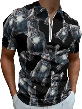 Fashion Dog Trendy Polo Shirts for Men Short Sleeve Lapel Collar Zipper T-Shirts Outdoor Sports