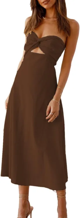 Fiemaoves Sexy Twist Front Strapless Sweetheart Neckline Midi Dresses for Women Smocked Cutout Tube Linen Dress Wedding Guest