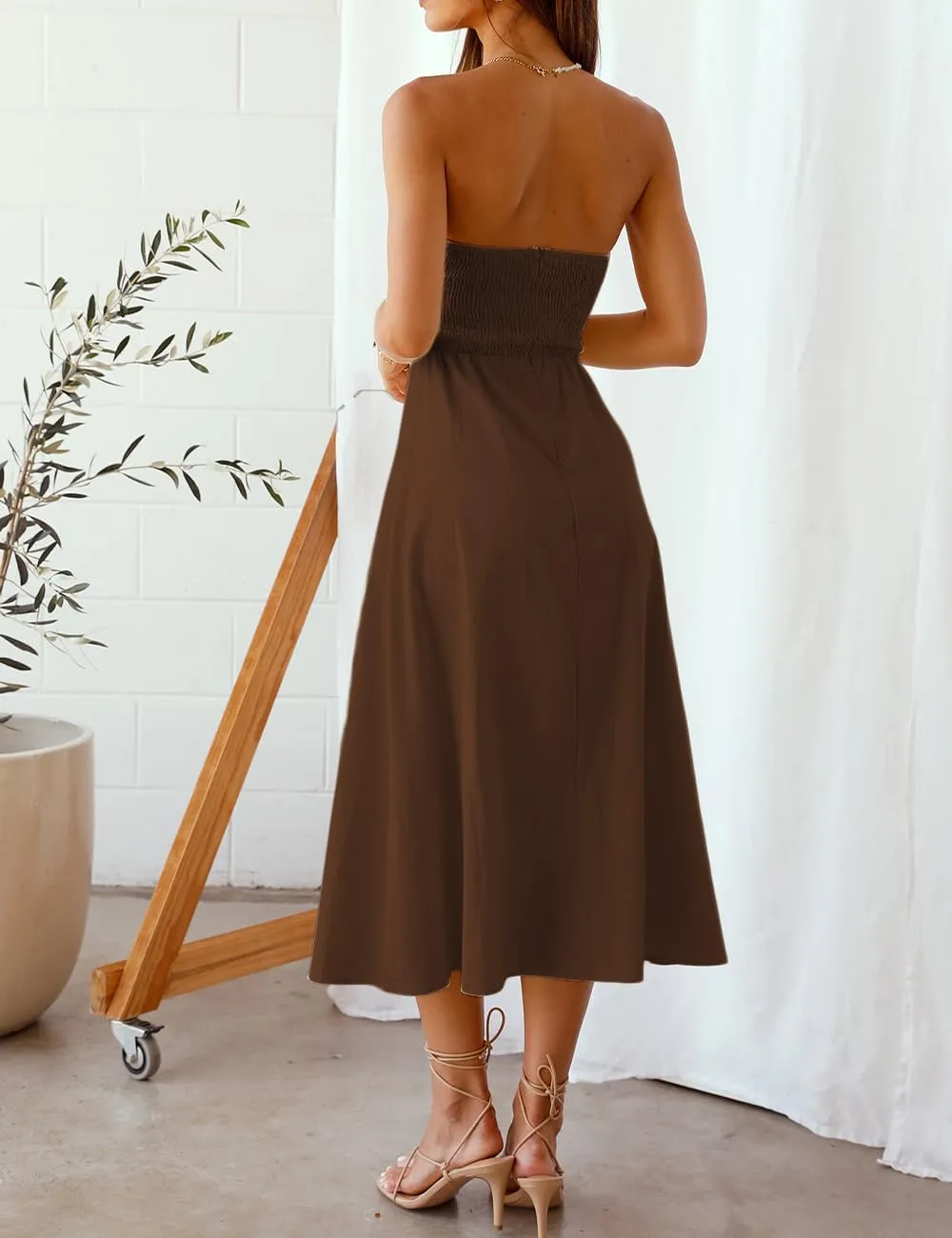 Fiemaoves Sexy Twist Front Strapless Sweetheart Neckline Midi Dresses for Women Smocked Cutout Tube Linen Dress Wedding Guest