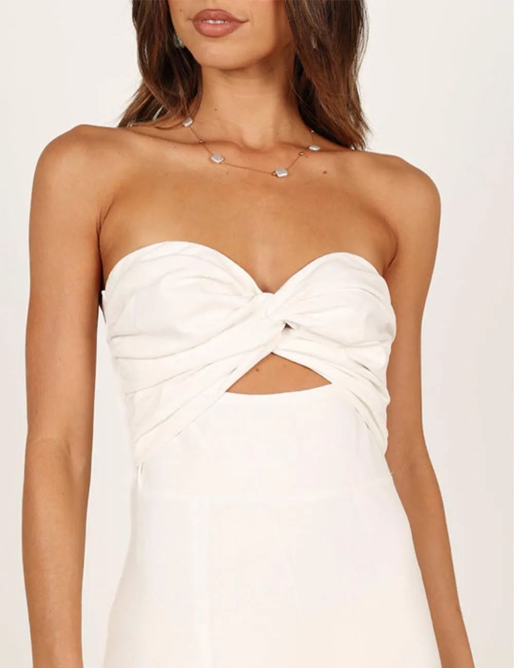 Fiemaoves Sexy Twist Front Strapless Sweetheart Neckline Midi Dresses for Women Smocked Cutout Tube Linen Dress Wedding Guest