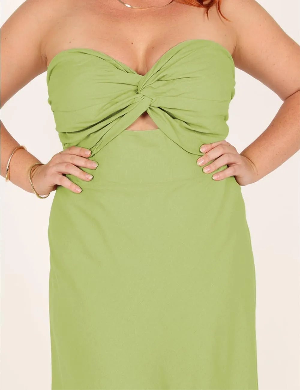 Fiemaoves Sexy Twist Front Strapless Sweetheart Neckline Midi Dresses for Women Smocked Cutout Tube Linen Dress Wedding Guest