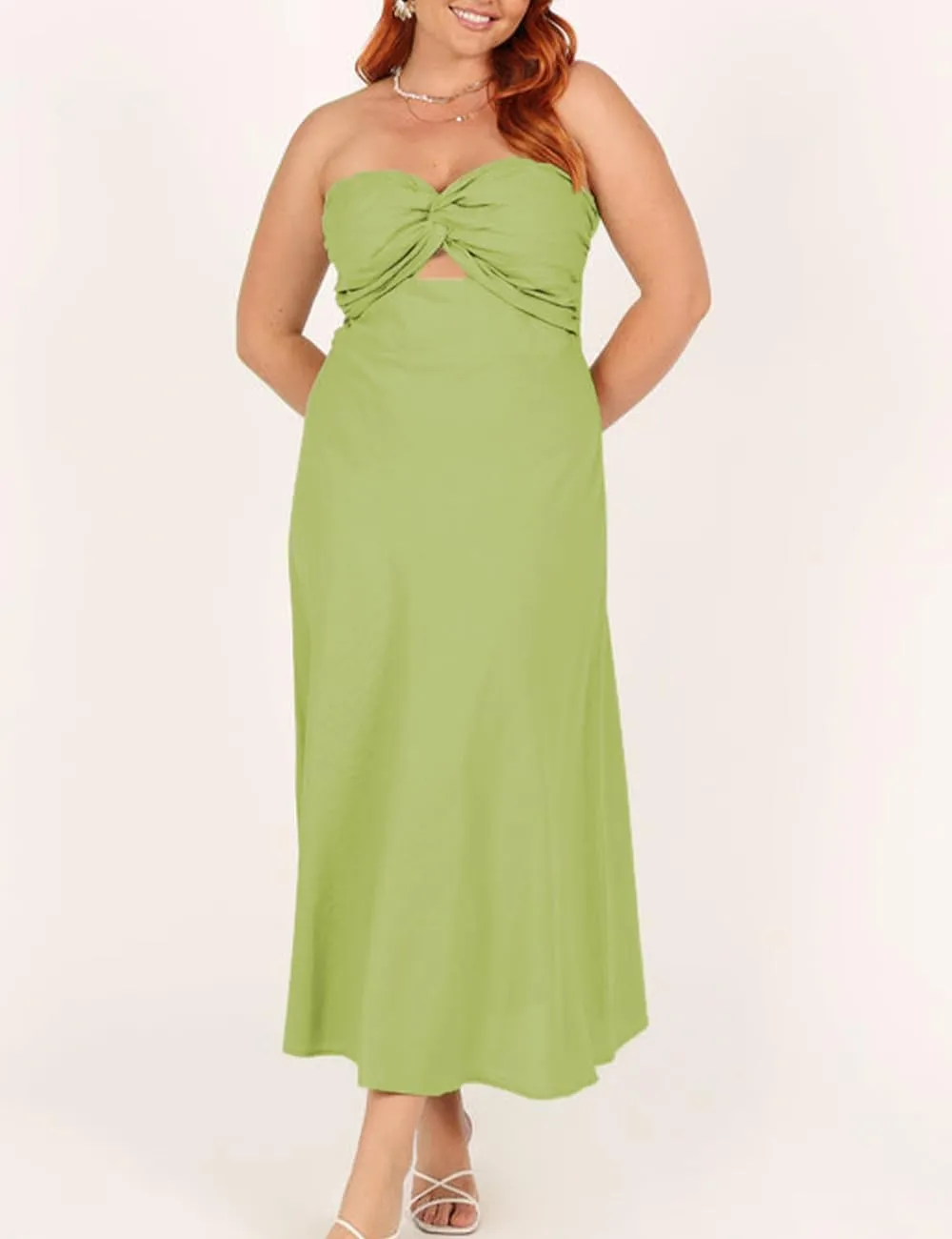 Fiemaoves Sexy Twist Front Strapless Sweetheart Neckline Midi Dresses for Women Smocked Cutout Tube Linen Dress Wedding Guest