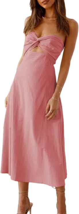 Fiemaoves Sexy Twist Front Strapless Sweetheart Neckline Midi Dresses for Women Smocked Cutout Tube Linen Dress Wedding Guest