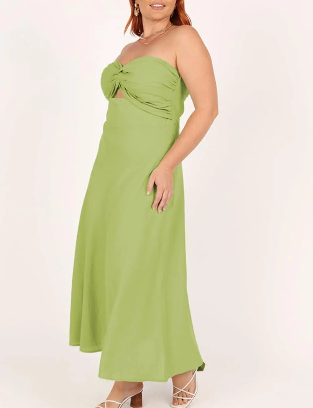 Fiemaoves Sexy Twist Front Strapless Sweetheart Neckline Midi Dresses for Women Smocked Cutout Tube Linen Dress Wedding Guest