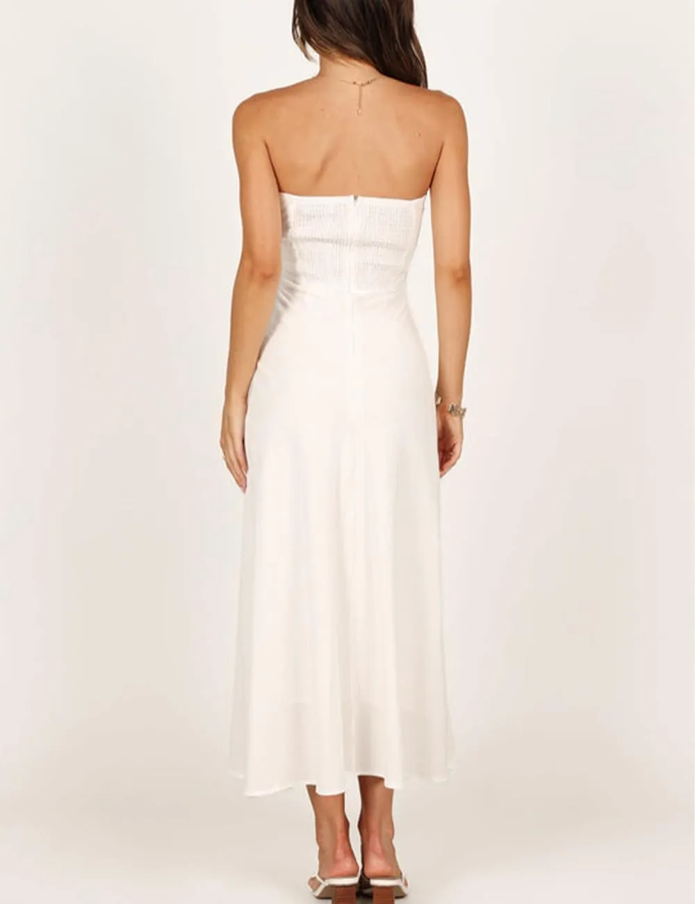 Fiemaoves Sexy Twist Front Strapless Sweetheart Neckline Midi Dresses for Women Smocked Cutout Tube Linen Dress Wedding Guest