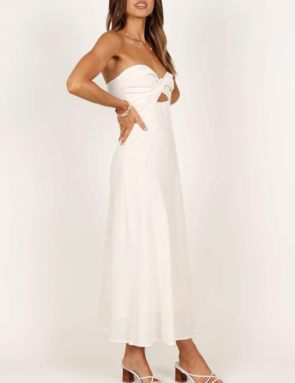 Fiemaoves Sexy Twist Front Strapless Sweetheart Neckline Midi Dresses for Women Smocked Cutout Tube Linen Dress Wedding Guest