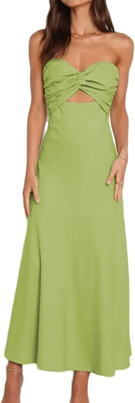 Fiemaoves Sexy Twist Front Strapless Sweetheart Neckline Midi Dresses for Women Smocked Cutout Tube Linen Dress Wedding Guest