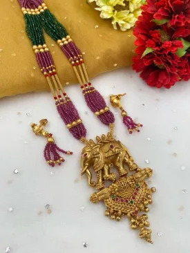 Gold Plated Long Antique Elephant Pendant Necklace Set By Gehna Shop