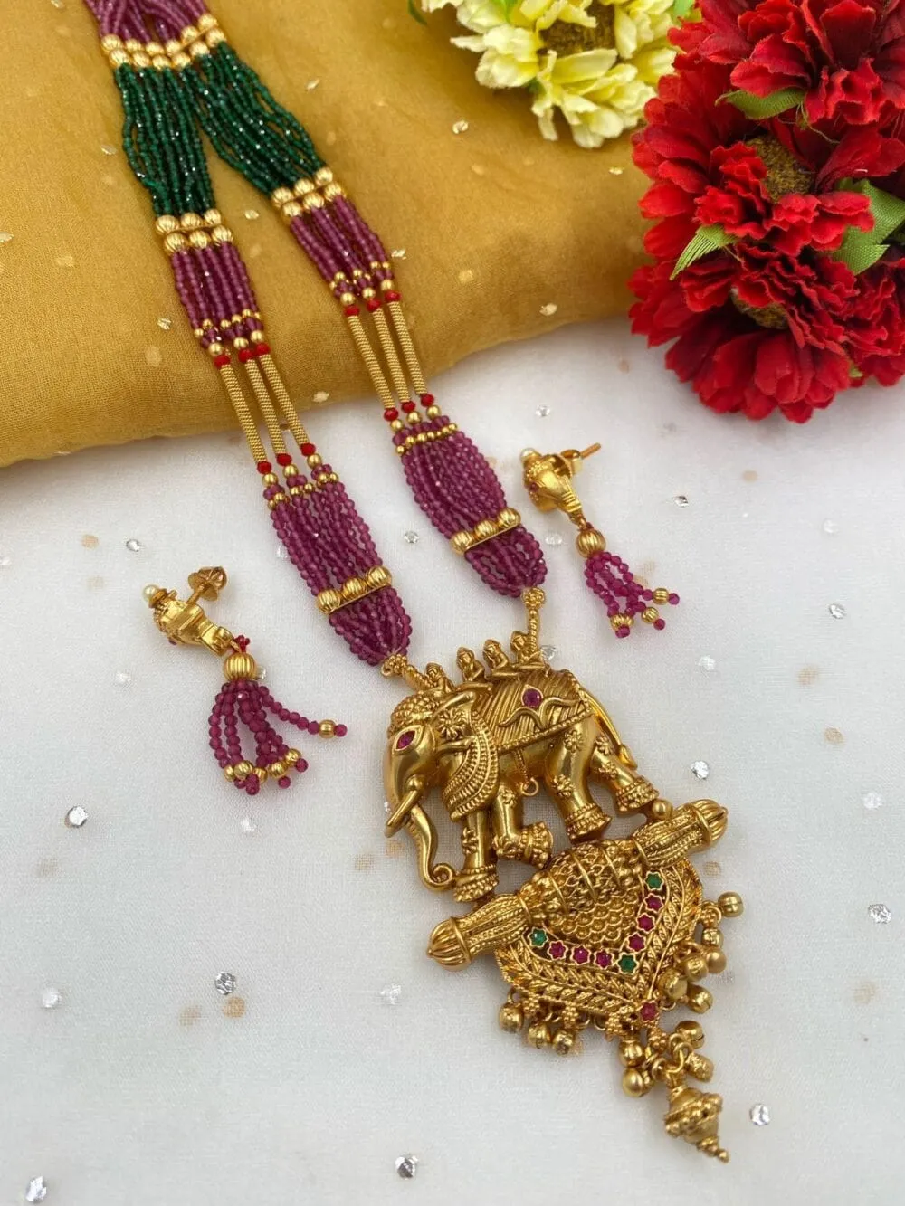 Gold Plated Long Antique Elephant Pendant Necklace Set By Gehna Shop