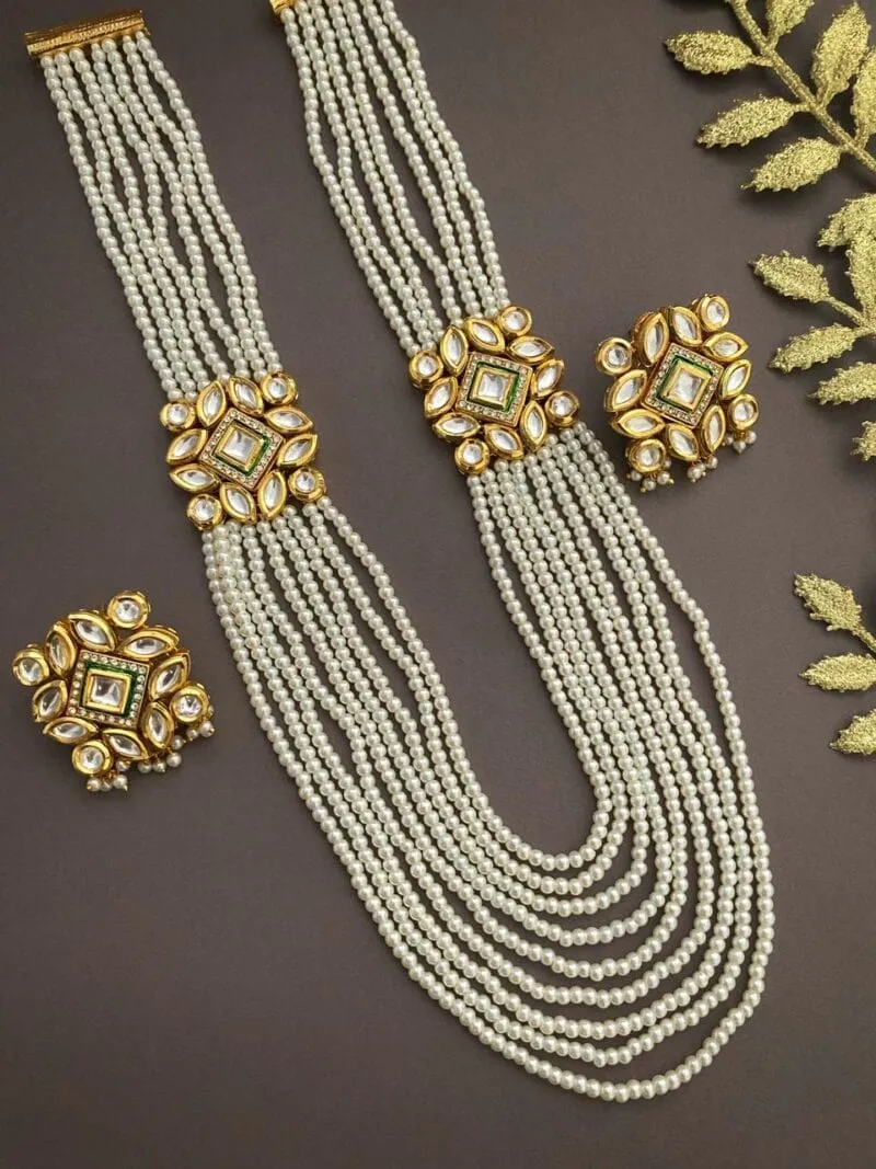 Gold Plated Long Kundan And Multilayered Pearls Necklace Set By Gehna Shop