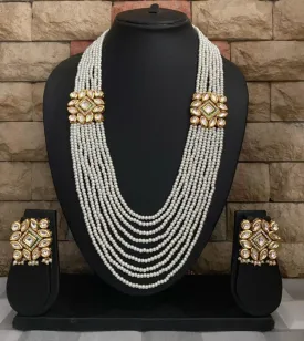 Gold Plated Long Kundan And Multilayered Pearls Necklace Set By Gehna Shop