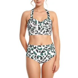 Green Leopard Women's Swimsuit Set With Halter
