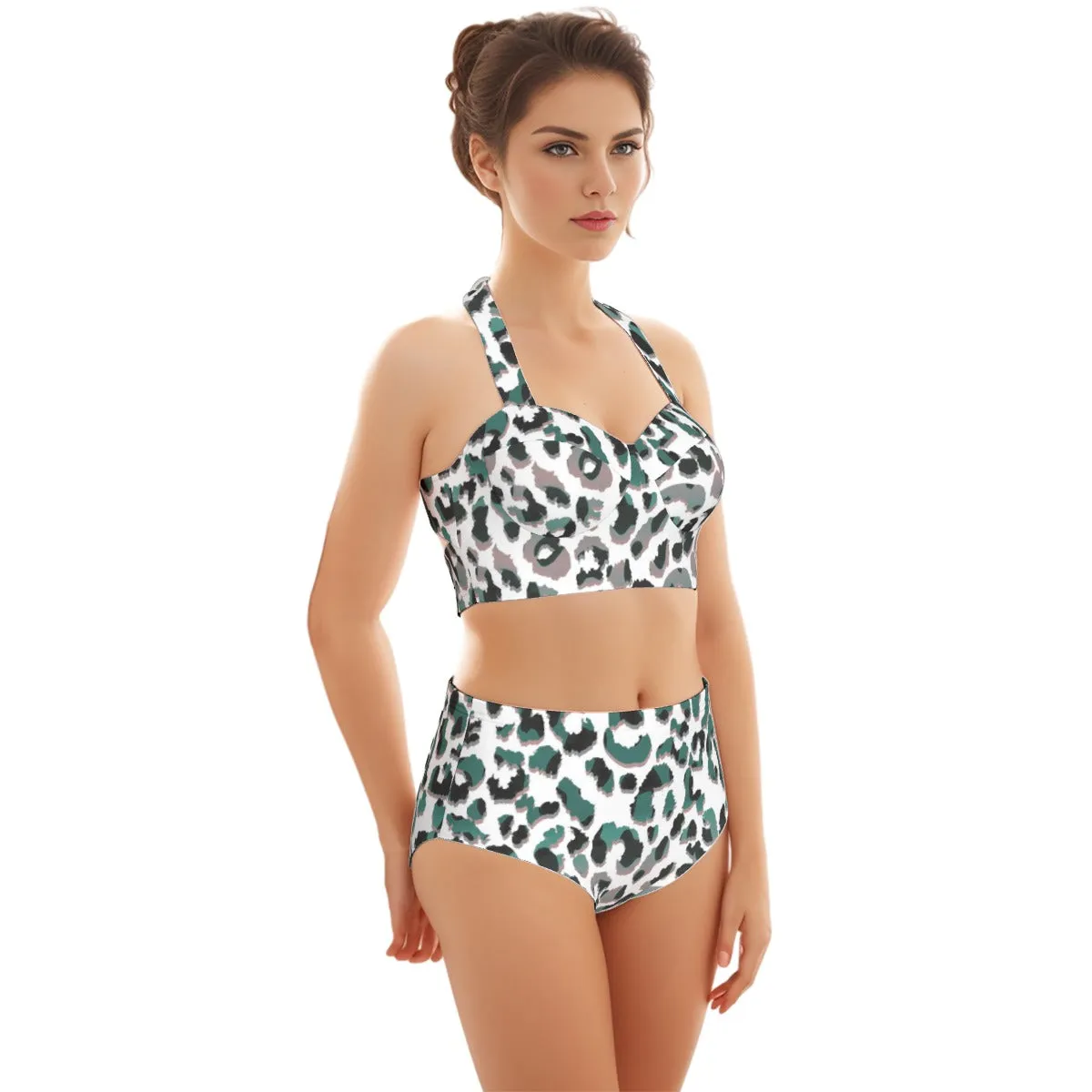 Green Leopard Women's Swimsuit Set With Halter