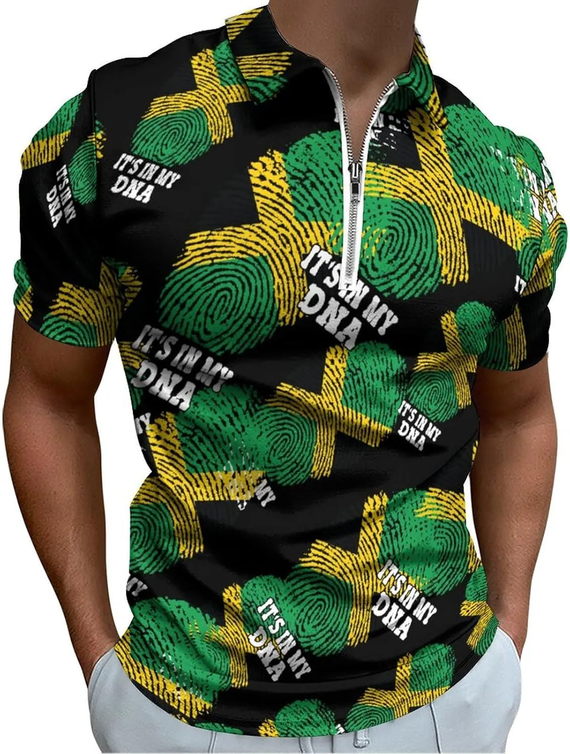 It's My DNA Jamaican Flag Trendy Polo Shirts for Men Short Sleeve Lapel Collar Zipper T-Shirts Outdoor Sports XL