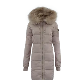 Jessica Simpson Women's Fur Trimmed Sherpa Lined Quilted Puffer Jacket Champagne S