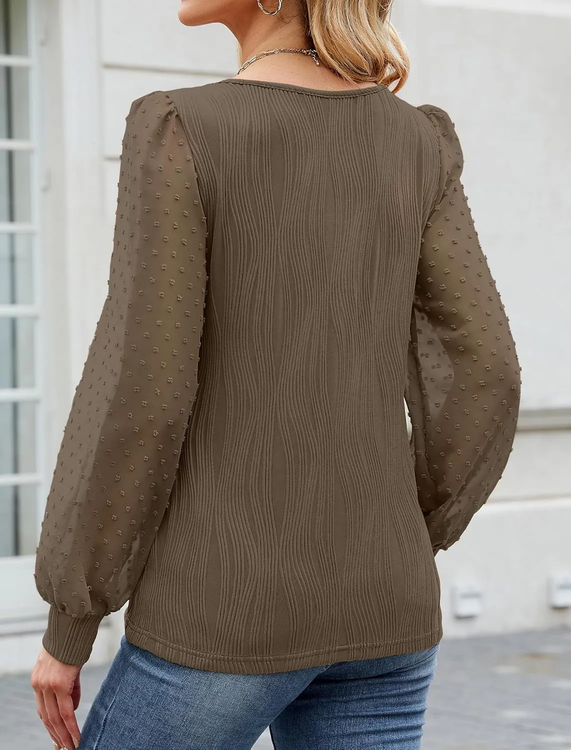 JUSTFASHIONNOW Womens Blouses Dressy Casual Long Sleeve Shirts V Neck Puff Sleeve Business Tops Work Shirts Trendy Holiday