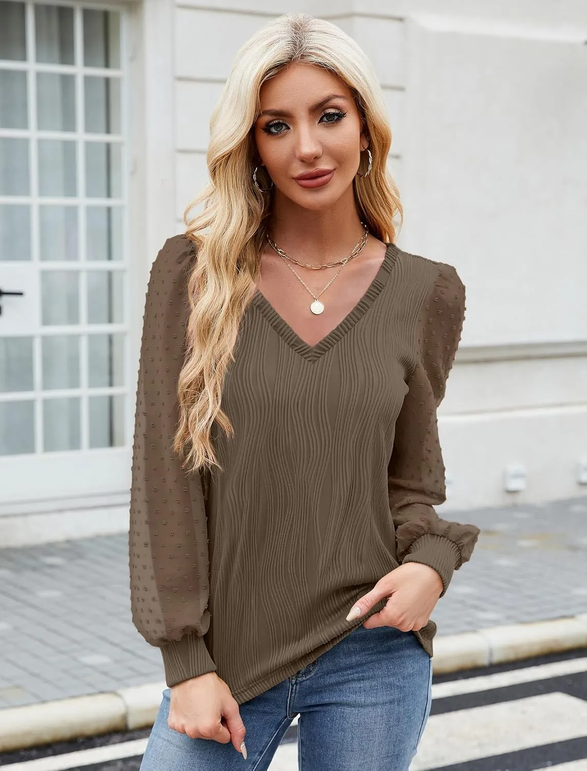 JUSTFASHIONNOW Womens Blouses Dressy Casual Long Sleeve Shirts V Neck Puff Sleeve Business Tops Work Shirts Trendy Holiday
