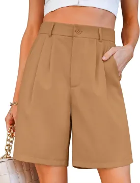 luvamia Bermuda Shorts for Women Dressy Casual High Waisted Summer Work Elastic Waist Pleated Dress Shorts with Pockets