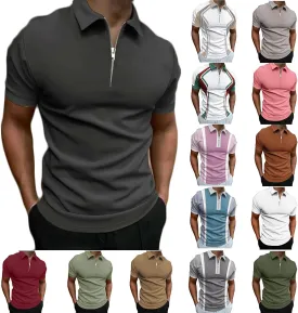Men's Casual Solid Polo Shirts Zipper Lapel Short Sleeve Tops Classic Golf Tees Basic Golf Shirt Cotton Top