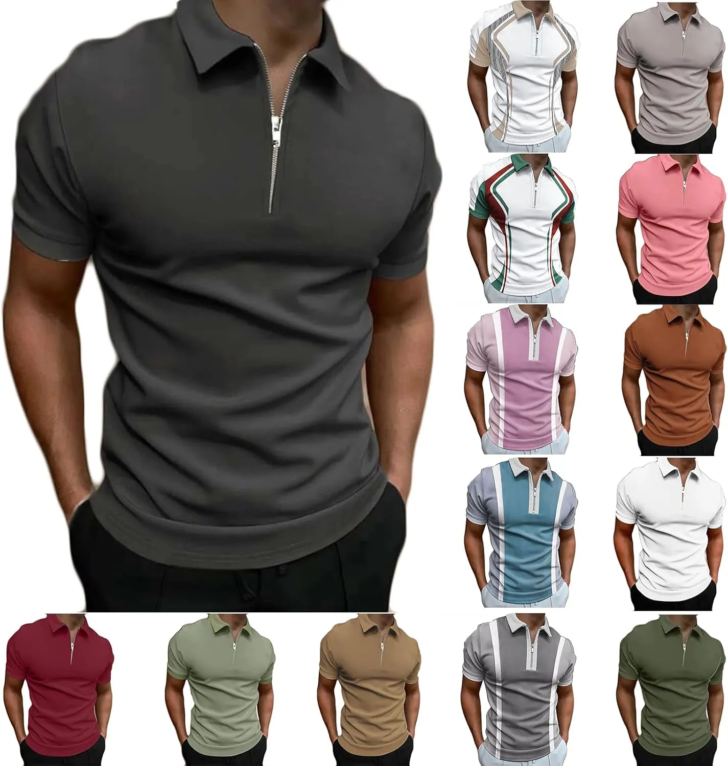 Men's Casual Solid Polo Shirts Zipper Lapel Short Sleeve Tops Classic Golf Tees Basic Golf Shirt Cotton Top