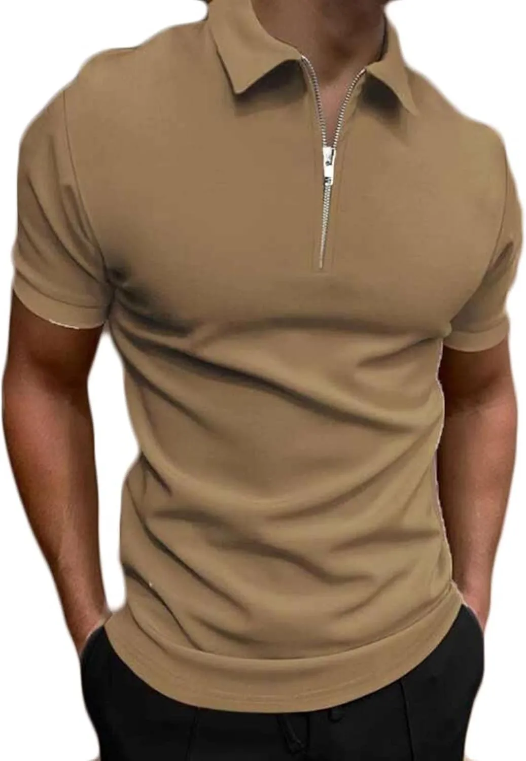 Men's Casual Solid Polo Shirts Zipper Lapel Short Sleeve Tops Classic Golf Tees Basic Golf Shirt Cotton Top
