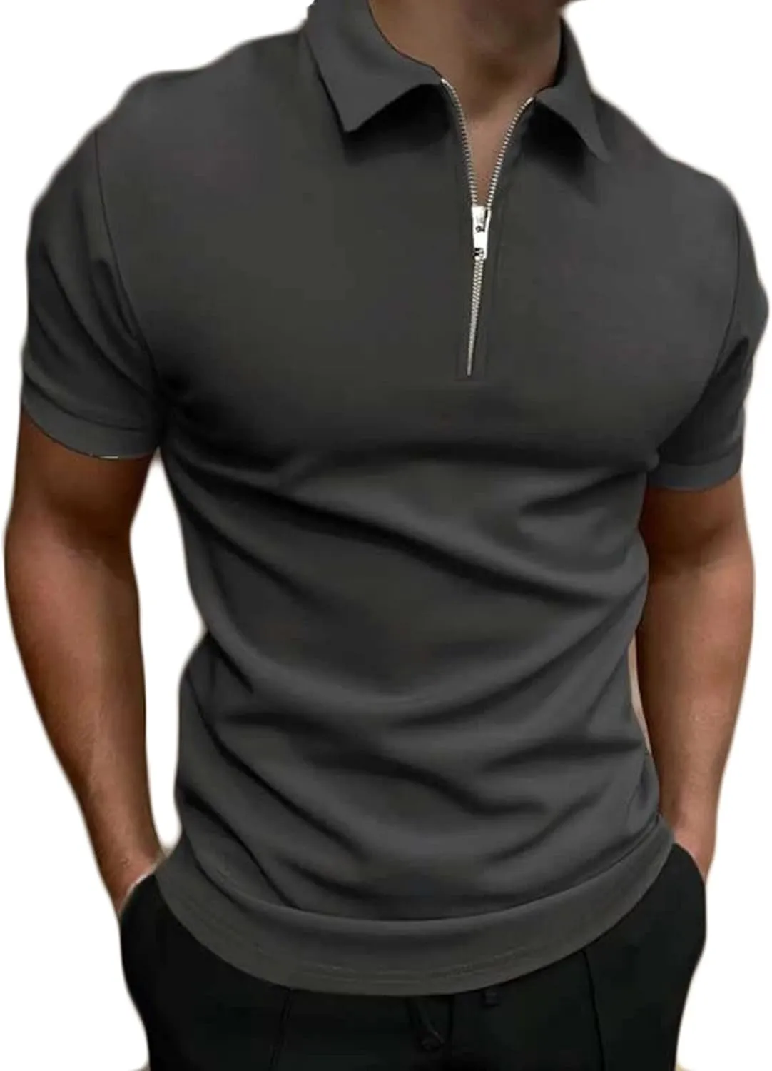 Men's Casual Solid Polo Shirts Zipper Lapel Short Sleeve Tops Classic Golf Tees Basic Golf Shirt Cotton Top