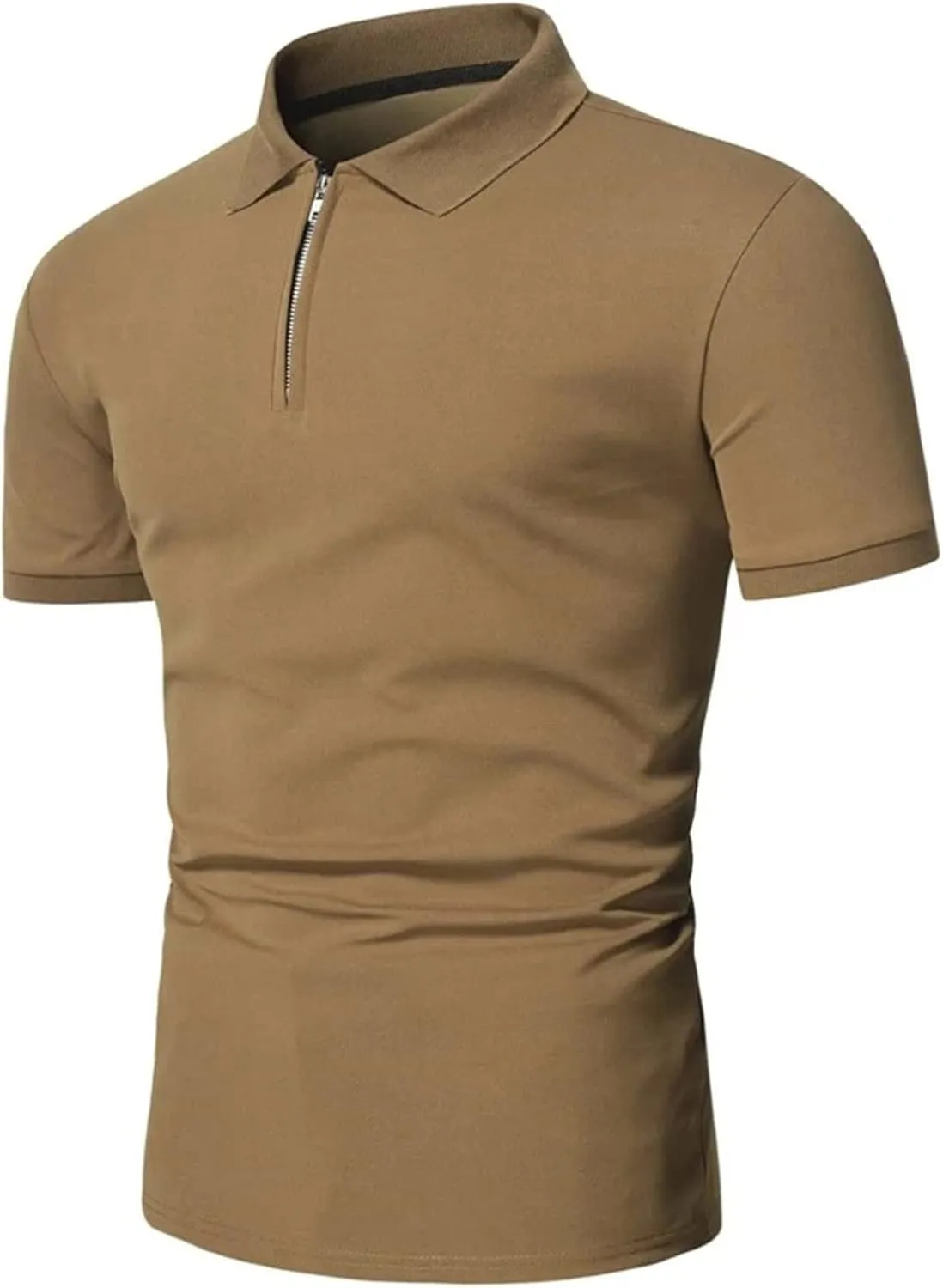 Men's Casual Solid Polo Shirts Zipper Lapel Short Sleeve Tops Classic Golf Tees Basic Golf Shirt Cotton Top