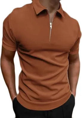 Men's Casual Solid Polo Shirts Zipper Lapel Short Sleeve Tops Classic Golf Tees Basic Golf Shirt Cotton Top