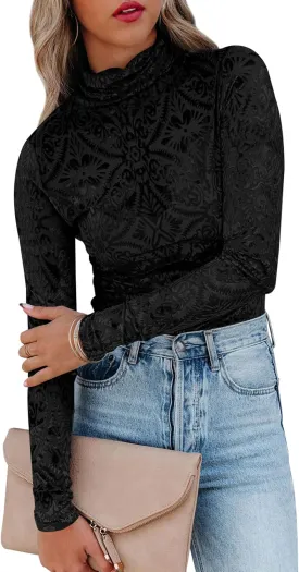 miduo Womens Slim Fit Velvet Burnout Top Cowl Neck Long Sleeve See Through Shirt Blouses Tops