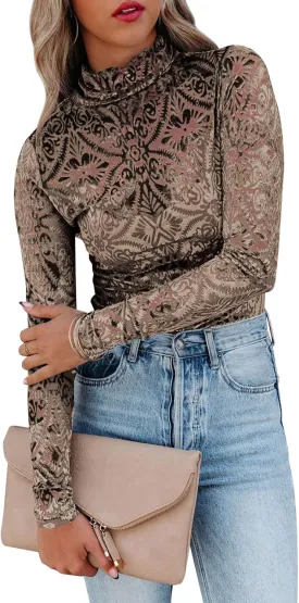 miduo Womens Slim Fit Velvet Burnout Top Cowl Neck Long Sleeve See Through Shirt Blouses Tops