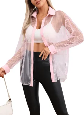 Milumia Women Striped Mesh Sheer Button Up Shirt Long Sleeve Drop Shoulder Blouse Top