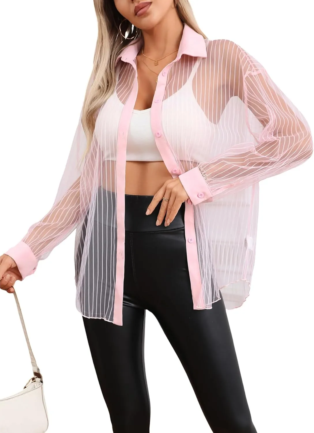 Milumia Women Striped Mesh Sheer Button Up Shirt Long Sleeve Drop Shoulder Blouse Top