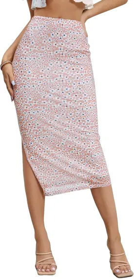 Milumia Women's Boho Floral Mesh High Waisted Split Hem Bodycon Midi Skirts