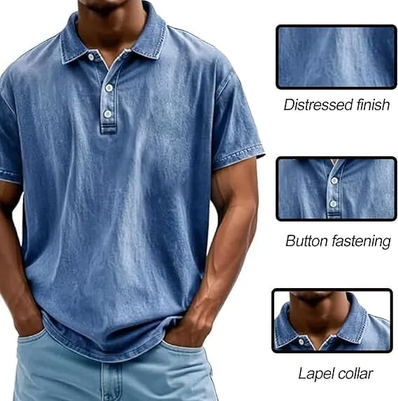 Mokaloha Mens Short Sleeve Shirts, Mokaloha Mens Shirts, Men's Vintage Washed and Distressed Pure Cotton Lapel Polo Shirt