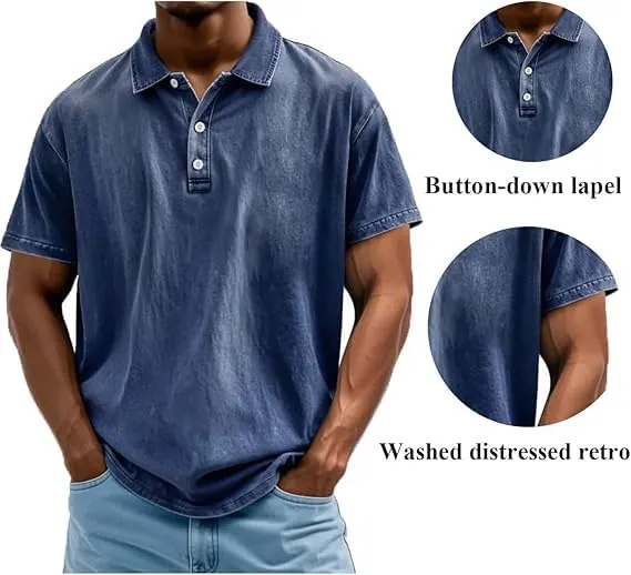 Mokaloha Mens Short Sleeve Shirts, Mokaloha Mens Shirts, Men's Vintage Washed and Distressed Pure Cotton Lapel Polo Shirt