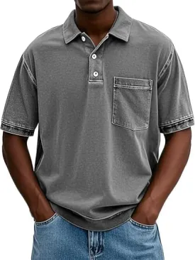 Mokaloha Mens Short Sleeve Shirts, Mokaloha Mens Shirts, Men's Vintage Washed and Distressed Pure Cotton Lapel Polo Shirt