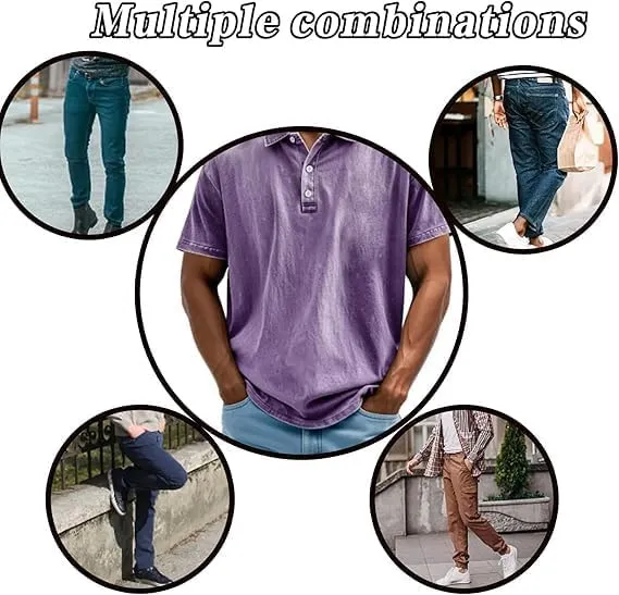 Mokaloha Mens Short Sleeve Shirts, Mokaloha Mens Shirts, Men's Vintage Washed and Distressed Pure Cotton Lapel Polo Shirt