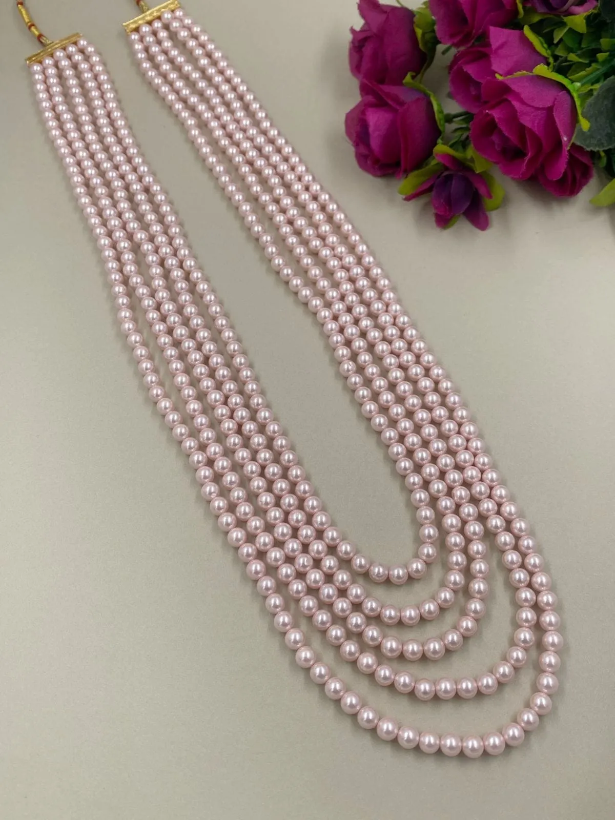 Multilayered Rose Pink Shell Pearls Sherwani Mala Necklace For Grooms By Gehna Shop